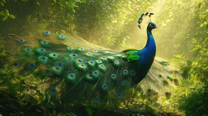 Wall Mural - A majestic peacock with its feathers spread wide, basking in the warm light of the morning sun.