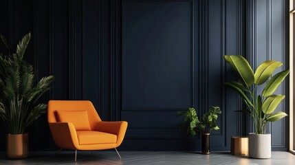 Wall Mural - Modern living room with orange armchair and potted plants against black wall.