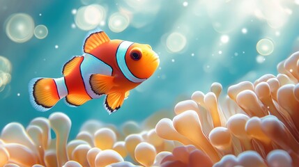 A vibrant clownfish swims near a coral reef with a beautiful blue background.