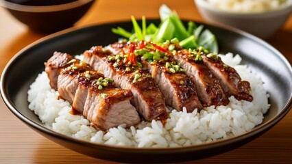 Canvas Print -  Delicious Asian cuisine  Tender slices of beef with rice and garnish