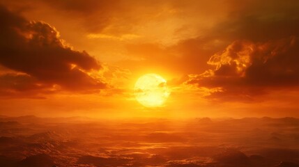 A large sun shines through clouds over an alien landscape of red mountains and hills.