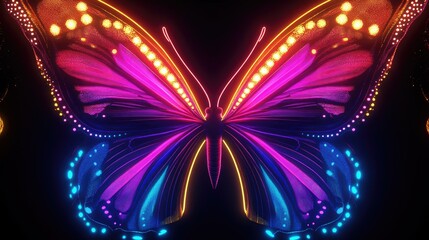 Fototapete - Neon butterfly wings glowing brightly on a contrasting black backdrop, with intricate luminous patterns