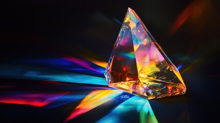 Wall Mural - A pyramid-shaped crystal prism casts colorful rainbows on a dark background.