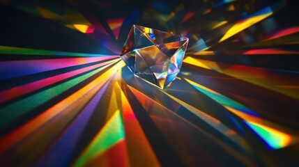 Wall Mural - A crystal prism casts rainbow-colored light onto a dark surface.