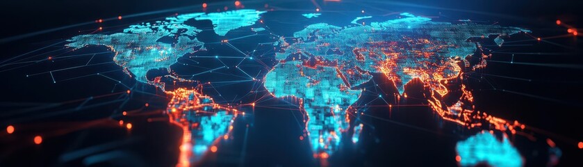 Poster - Global economy represented as a glowing 3D world map, with data points lighting up major cities