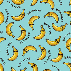 seamless pattern of cool bananas with glasses on blue background and words 