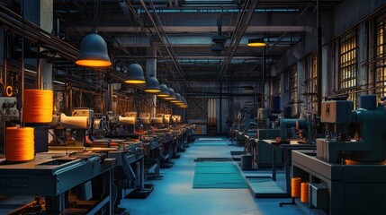 Industrial textile factory with rows of machinery, spools of yarn, and overhead lights.