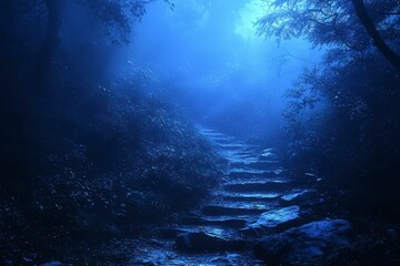 Wall Mural - Stone Steps Leading Upward Through a Foggy, Moonlight Forest