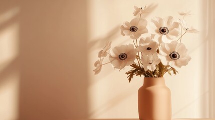 Wall Mural - White anemones in a beige vase with sunlight and shadows.