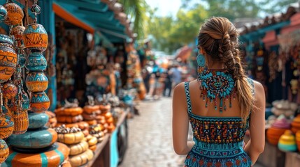 Woman in vibrant attire exploring a colorful market.