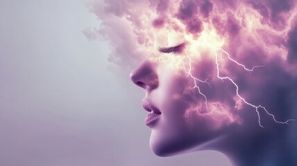 Wall Mural - Surreal Portrait of a Woman with Lightning and Clouds Blending into Her Face, Symbolizing Creativity and Imagination