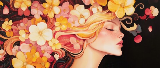 Wall Mural - Elegant Woman with Floral Hair: Vibrant Digital Art of a Woman's Profile with Blossoming Flowers in Her Hair