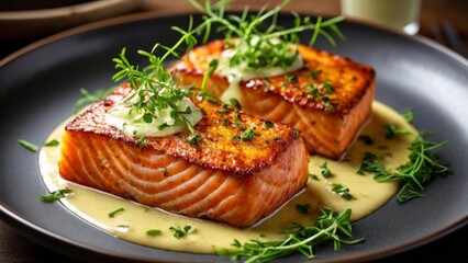 Wall Mural -  Deliciously grilled salmon with a creamy sauce and fresh herbs