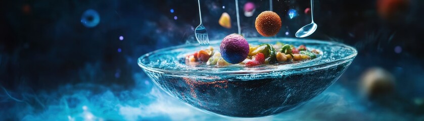 Wall Mural - Futuristic Culinary Art: Floating Ingredients and Utensils in a Mystical Atmosphere