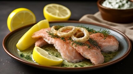 Wall Mural -  Delicious seafood dish with lemon and herbs