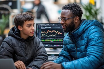 Financial Advisor in Blue Jacket Discussing Crypto Investments with Gen Z Client in Profile View