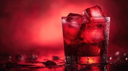 Refreshing cold red cocktail with ice cubes in a glass, highlighted by vibrant red tones and frosty condensation,