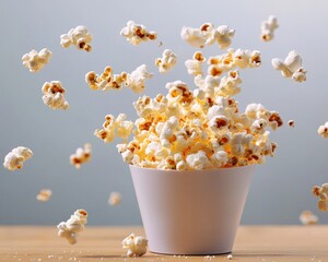 Delicious popcorn bursts from a white cup, creating a playful and inviting snack scene perfect for any celebration.