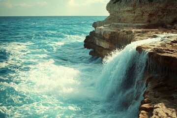 Cliffside Waterfall with Foamy Ocean Waves Crashing Below