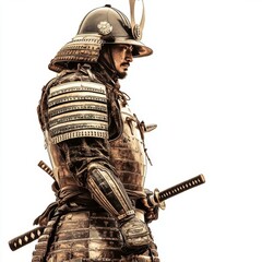 Samurai warrior with katana, detailed ink illustration, traditional Japanese art style, muted colors, isolated on white background