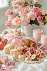 Wall Mural - A table is set with a variety of desserts and drinks, including fruit, cakes