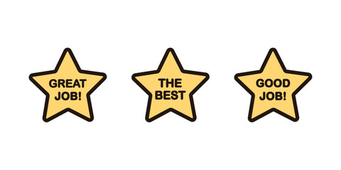 Star sticker set. Great job, the best, good job text. Improvement, success, goal achievement, reward concepts. Flat decorative vector design illustration isolated on background. 