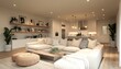 © NormanBalberan - A cozy minimalist living room for five with a sectional, wood accents, and a play area 1. Generative AI