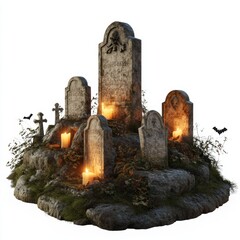 Gravestones with soft candlelight, Halloween graveyard scene, light tones, muted shades, isolated on white background