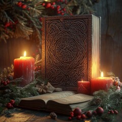 6. Festive holiday wreath, candles, ancient book with glowing runes, 3D illustration