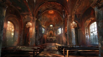 Architectural interior of a majestic Catholic Christian church AI generated image