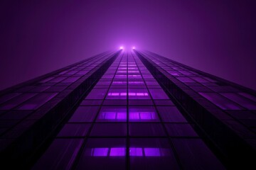 Poster - Purple Skyscraper with Glass Panels Rising Through Fog