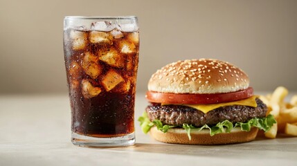 Wall Mural - Juicy Burger and Refreshing Soda on Wooden Table