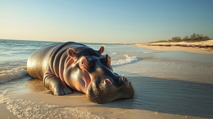 Hippopotamus relaxing on a sunlit beach, with gentle waves under a clear sky.