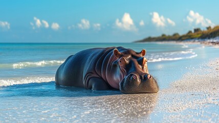 Hippopotamus relaxing on a sunlit beach, with gentle waves under a clear sky.