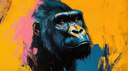 Abstract Expressionism gorilla, dynamic strokes, vibrant colors.