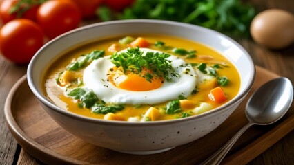 Wall Mural -  Deliciously wholesome soup with a poached egg and fresh herbs