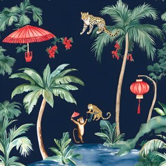 Sticker - Jungle Watercolor Pattern with Leopard, Monkey and Palm Trees