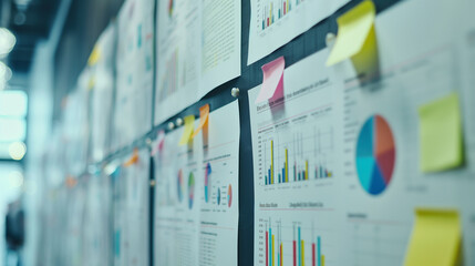 Poster - business analysis data statistics documents pinned on the wall in modern office, business growth performance info graphics 