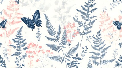 Sticker - Seamless Pattern with Watercolor Blue Ferns and Pink Flowers