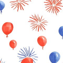 Canvas Print - Watercolor Red and Blue Balloons and Fireworks Seamless Pattern