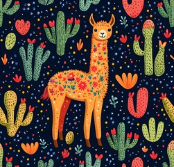 Canvas Print - Cute Llama with Cactus Pattern