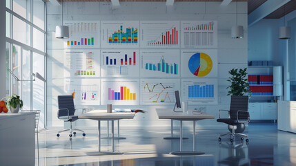 Poster - business analysis data statistics documents pinned on the wall in modern office, business growth performance info graphics 