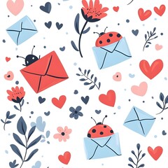 Wall Mural - Cute Ladybug Seamless Pattern With Envelopes and Hearts