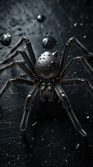 Black spider on web with water droplets