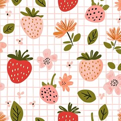 Wall Mural - Cute Strawberry and Flowers Seamless Pattern