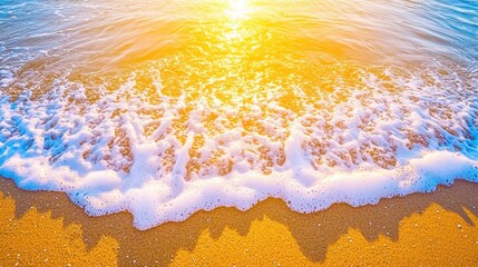 Poster - Golden Sand Beach with Foamy Waves and Sunlight Reflection