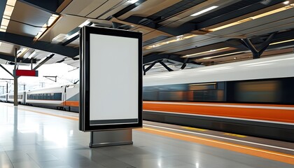 Empty billboard at train station with a passing train creating a dynamic backdrop