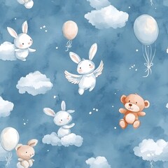 Canvas Print - Cute Cartoon Animals Floating in the Clouds with Balloons