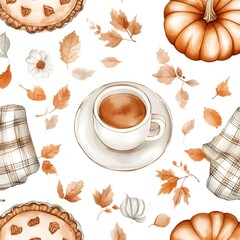 Canvas Print - Autumn Watercolor Seamless Pattern with Pie, Coffee, Pumpkins and Leaves