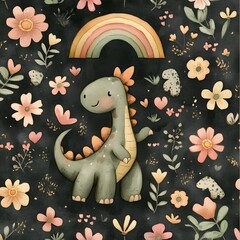 Canvas Print - Cute Dinosaur with Rainbow and Flowers